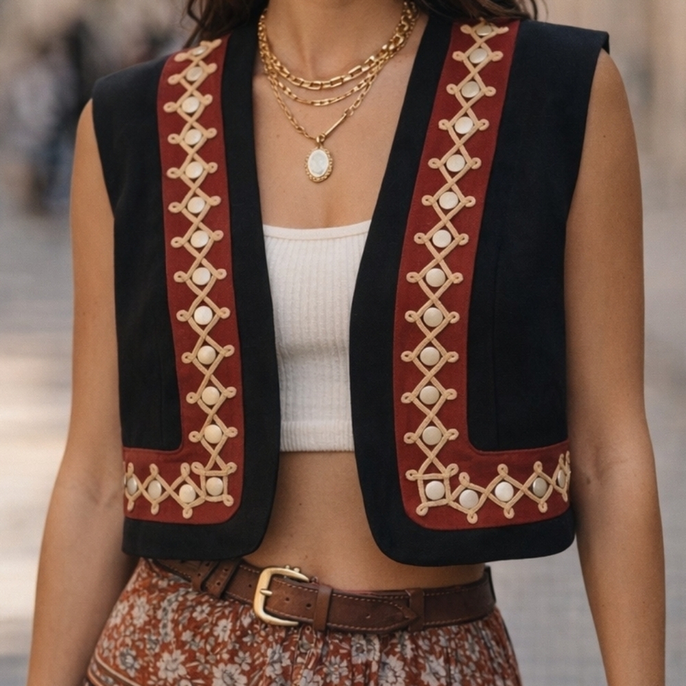 Double D Ranch Western Studded Wool Crop Vest RARE Vintage Sz Small Ranchwear